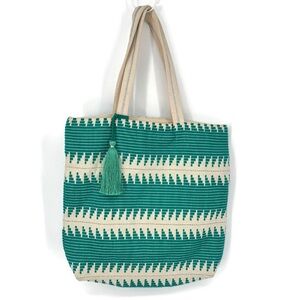Tie‎ Rack London Boho Woven Canvas Tote Bag with Tassel – Green & Cream